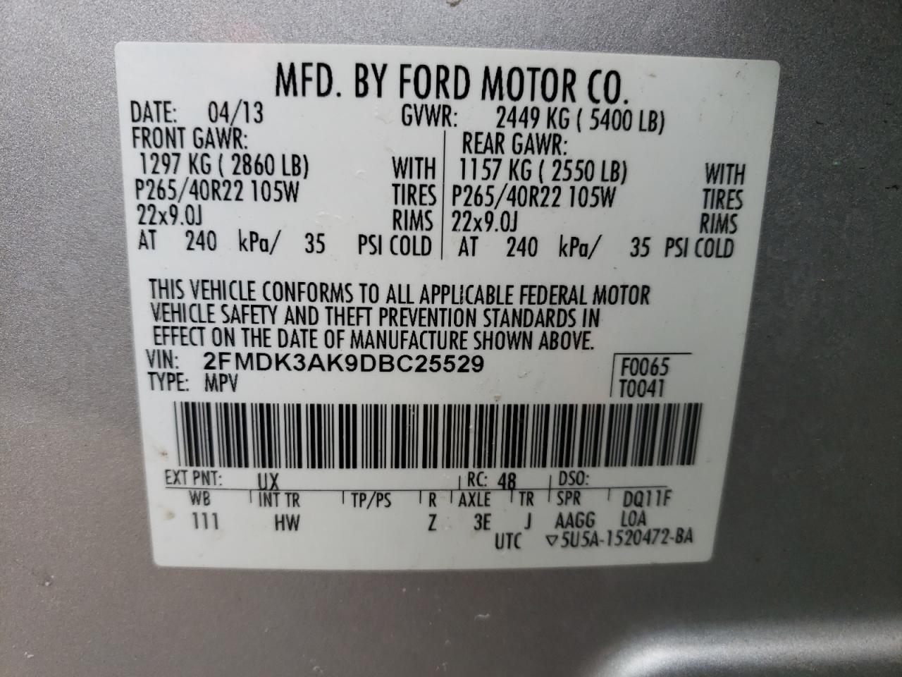 Photo 10 from auction – 2013 FORD EDGE SPORT with VIN 2FMDK3AK9DBC25529