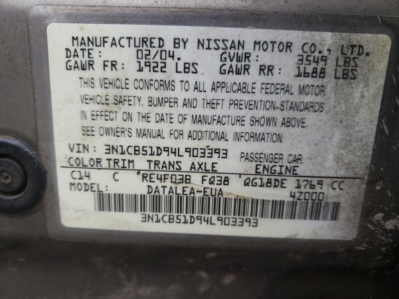 Photo 10 from auction – 2004 NISSAN SENTRA 1.8 with VIN 3N1CB51D94L903393