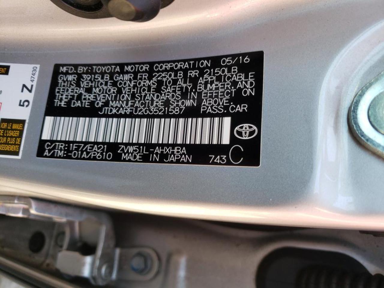Photo 20 from auction – 2016 TOYOTA PRIUS with VIN JTDKARFU2G3521587