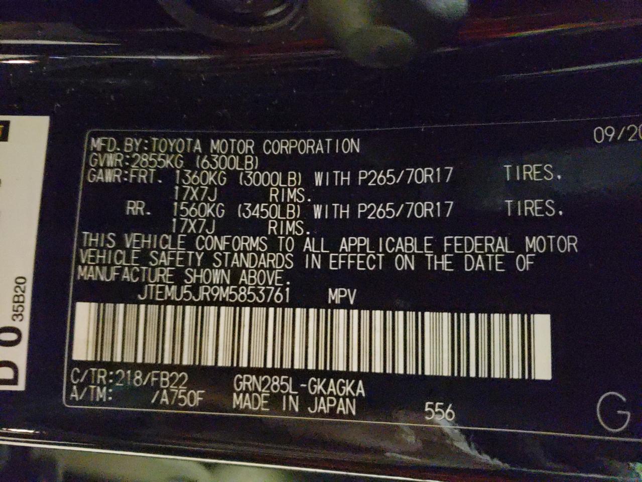 Photo 10 from auction – 2021 TOYOTA 4RUNNER SR with VIN JTEMU5JR9M5853761
