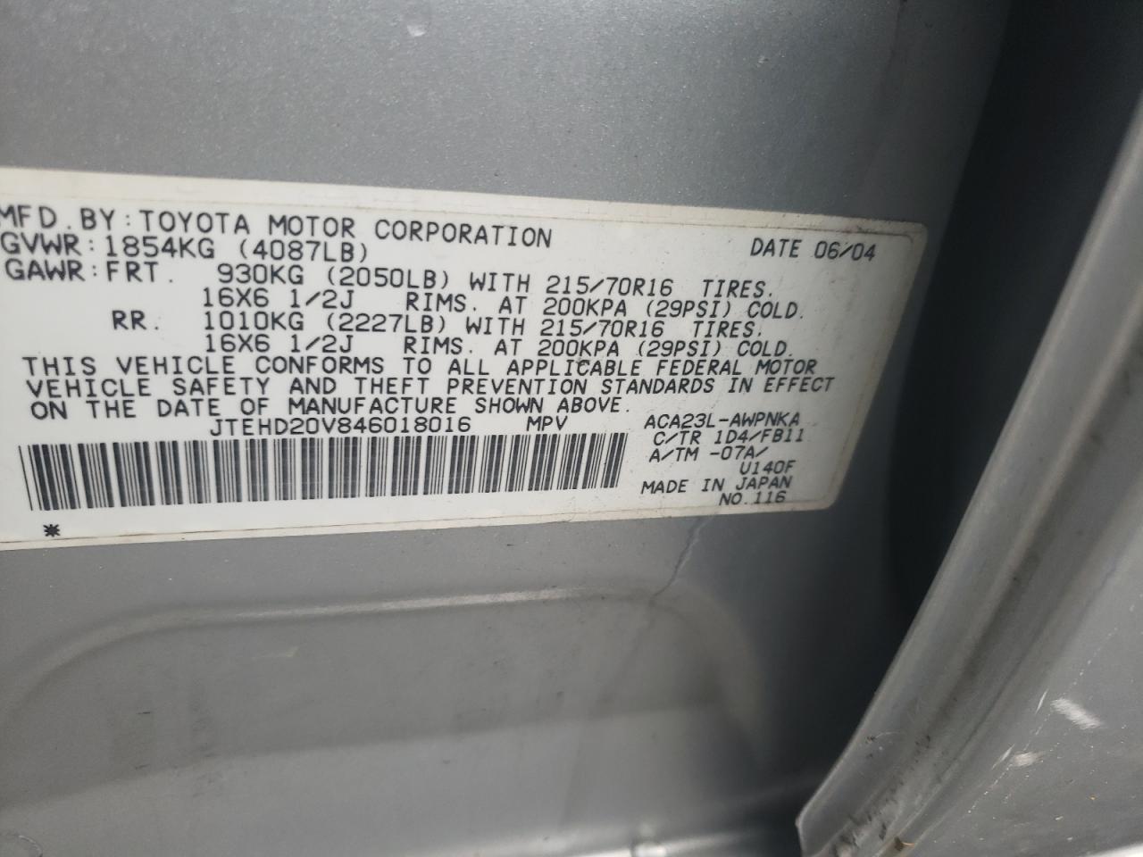 Photo 10 from auction – 2004 TOYOTA RAV4 with VIN JTEHD20V846018016
