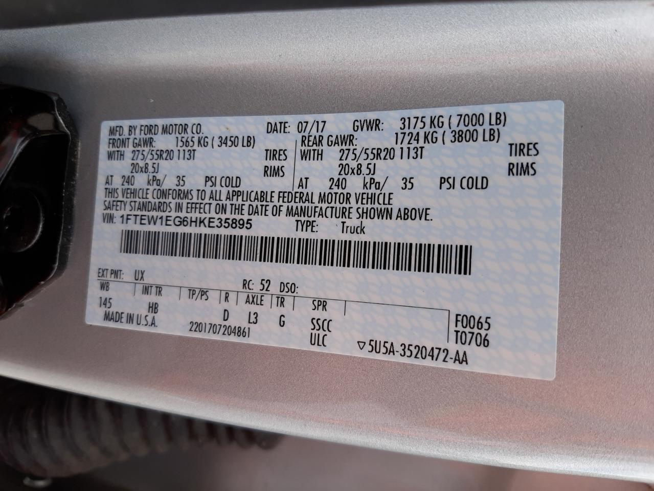 Photo 10 from auction – 2017 FORD F150 SUPER with VIN 1FTEW1EG6HKE35895