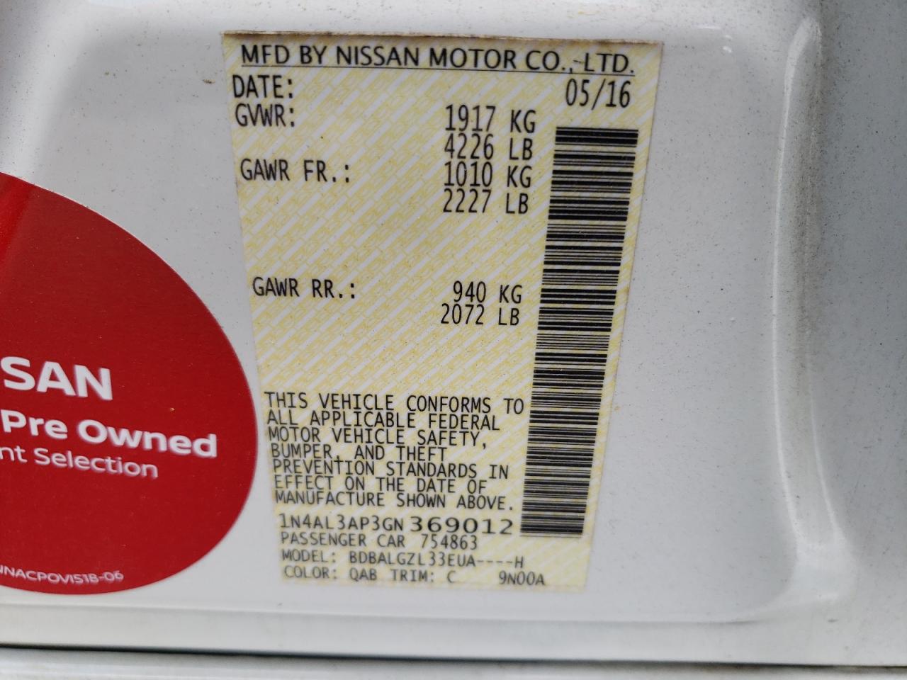 Photo 10 from auction – 2016 NISSAN ALTIMA 2.5 with VIN 1N4AL3AP3GN369012