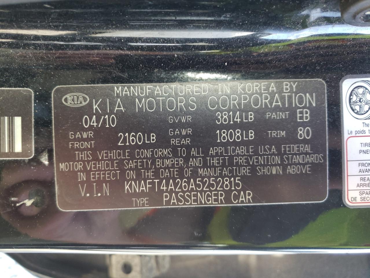 Photo 10 from auction – 2010 KIA FORTE LX with VIN KNAFT4A26A5252815