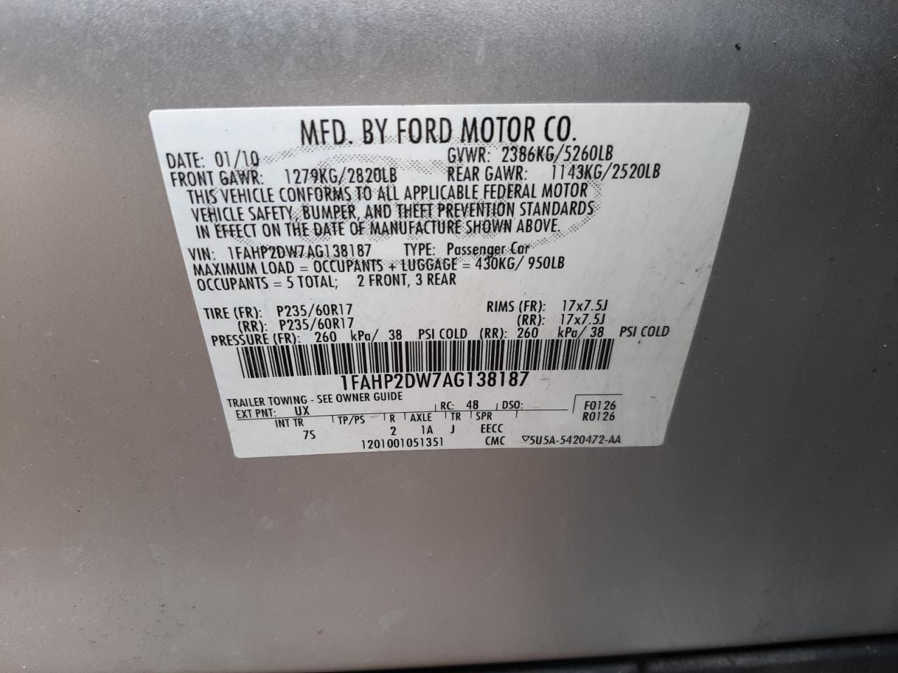 Photo 10 from auction – 2010 FORD TAURUS SE with VIN 1FAHP2DW7AG138187