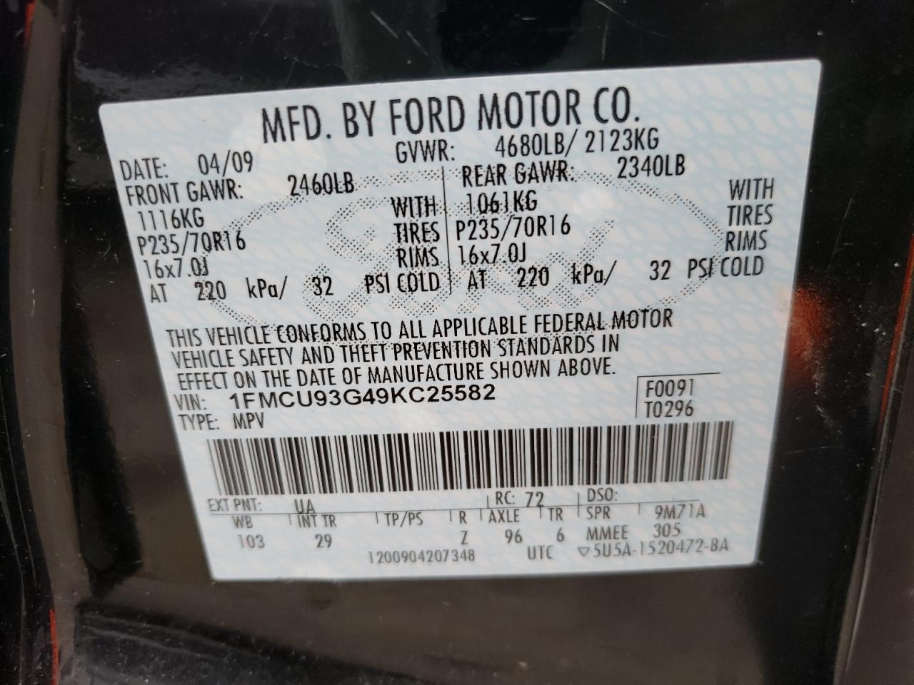 Photo 10 from auction – 2009 FORD ESCAPE XLT with VIN 1FMCU93G49KC25582