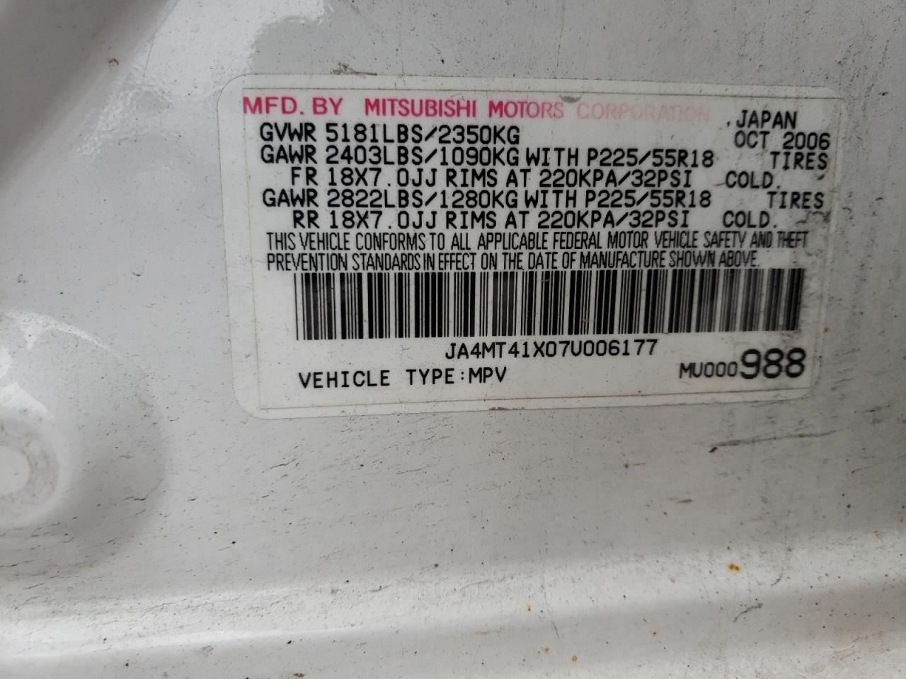 Photo 10 from auction – 2007 MITSUBISHI OUTLANDER with VIN JA4MT41X07U006177