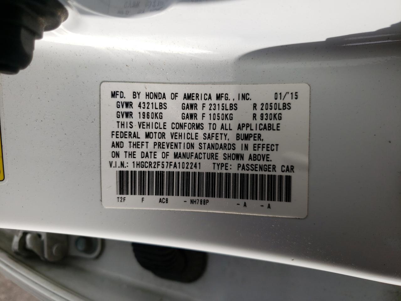 Photo 10 from auction – 2015 HONDA ACCORD with VIN 1HGCR2F57FA102241