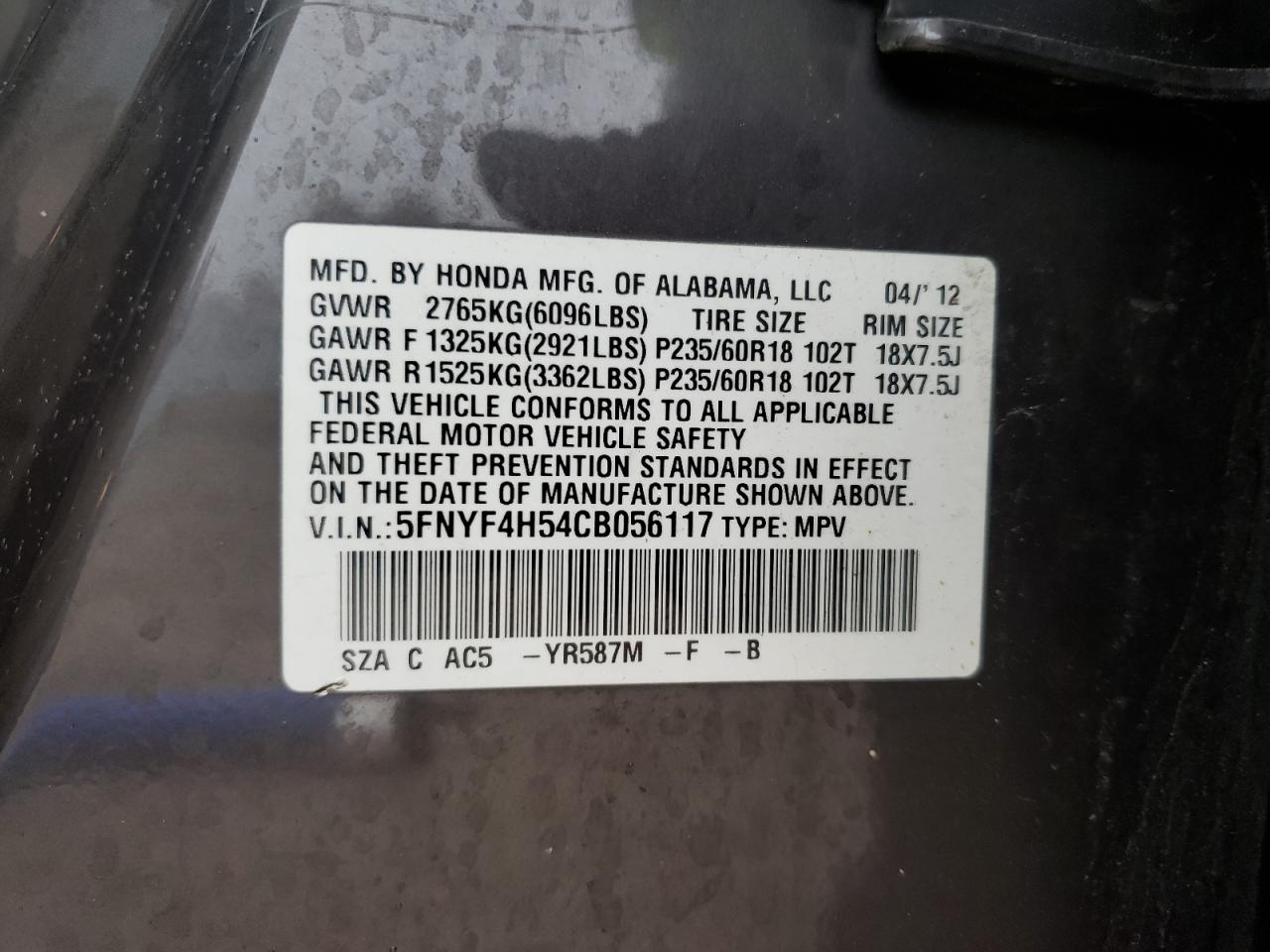 Photo 10 from auction – 2012 HONDA PILOT EXL with VIN 5FNYF4H54CB056117