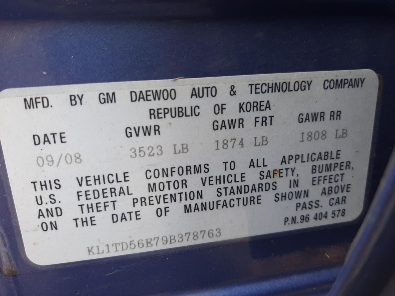 Photo 10 from auction – 2009 CHEVROLET AVEO LS with VIN KL1TD56E79B378763