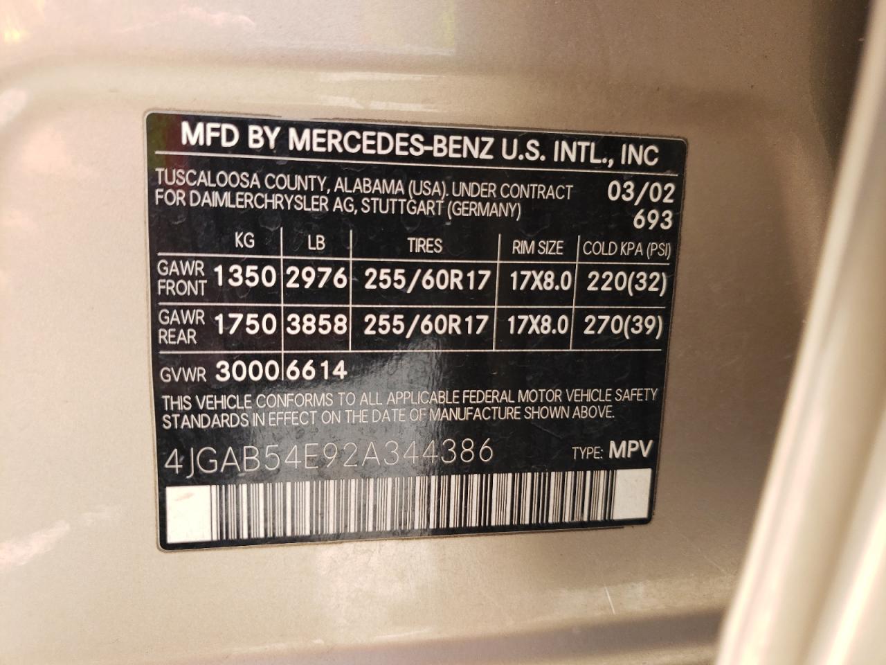 Photo 10 from auction – 2002 MERCEDES-BENZ ML 320 with VIN 4JGAB54E92A344386