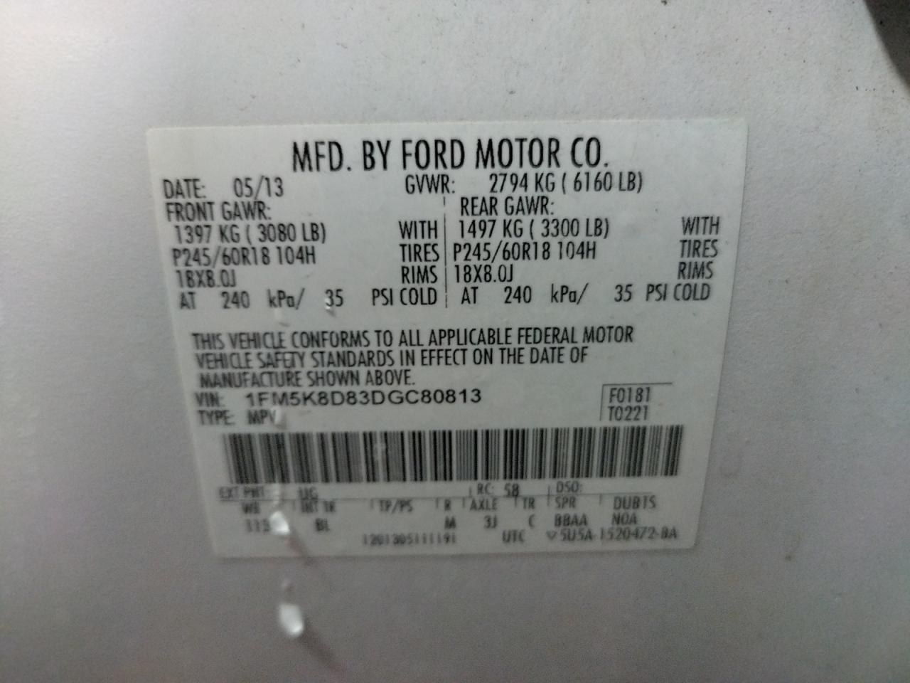 Photo 10 from auction – 2013 FORD EXPLORER X with VIN 1FM5K8D83DGC80813