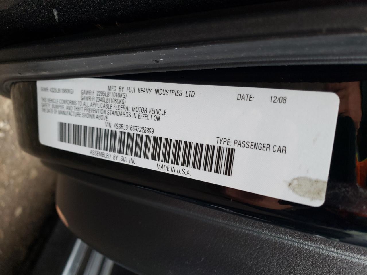 Photo 10 from auction – 2009 SUBARU LEGACY 2.5 with VIN 4S3BL616697228899