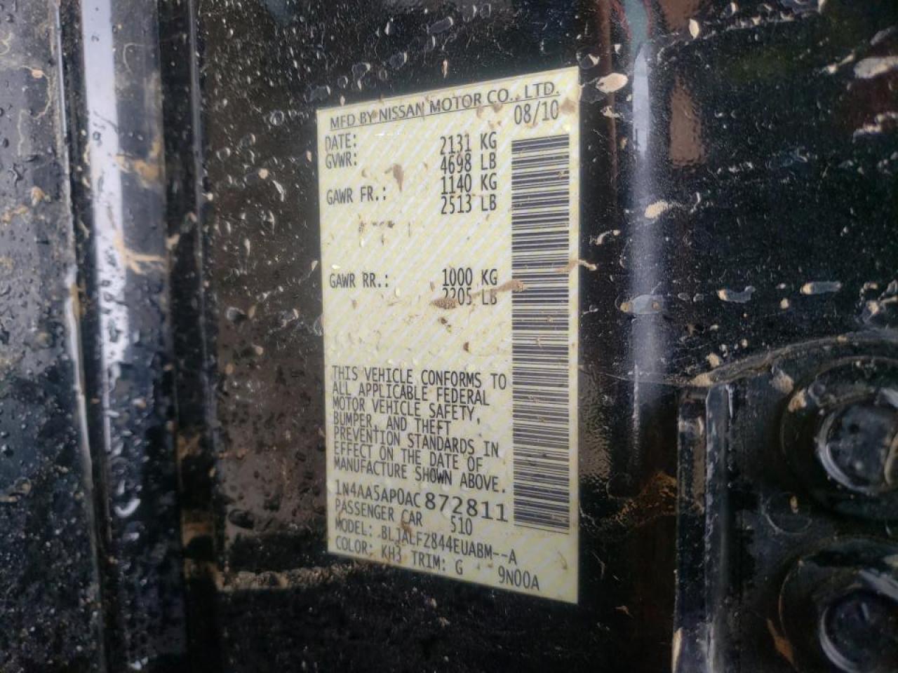 Photo 20 from auction – 2010 NISSAN MAXIMA S with VIN 1N4AA5AP0AC872811
