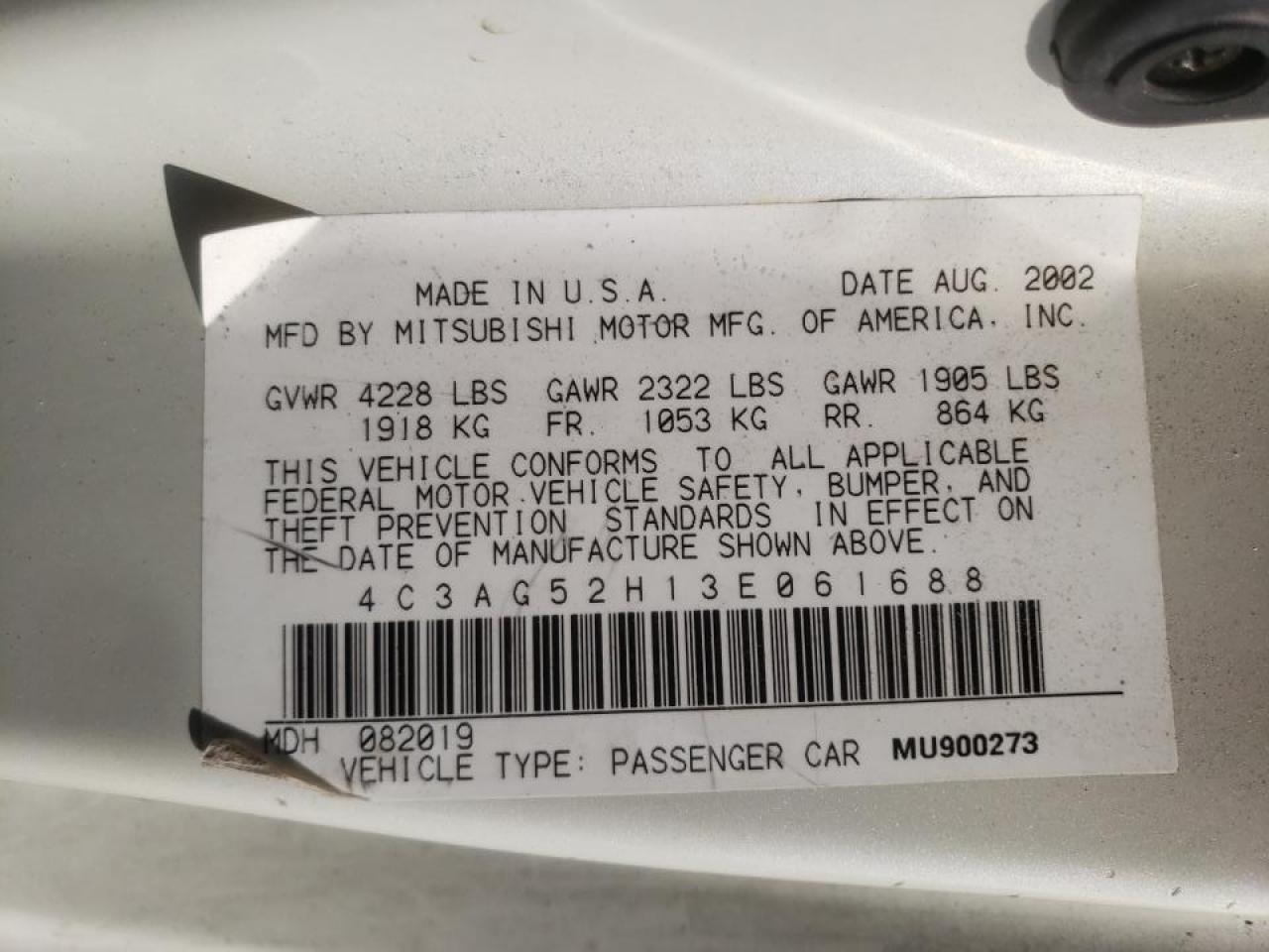 Photo 10 from auction – 2003 CHRYSLER SEBRING LX with VIN 4C3AG52H13E061688