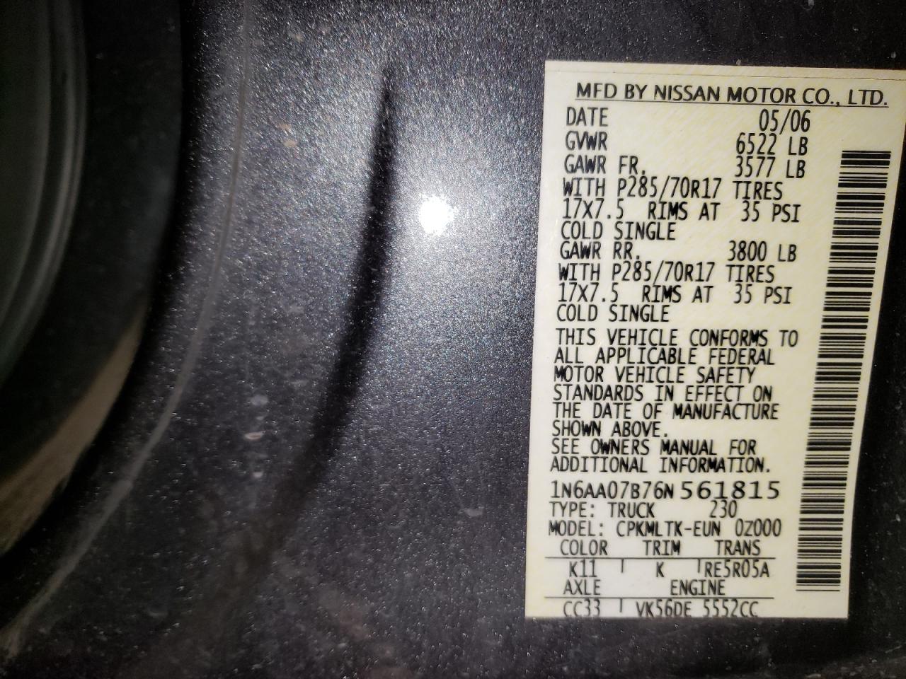 Photo 10 from auction – 2006 NISSAN TITAN XE with VIN 1N6AA07B76N561815