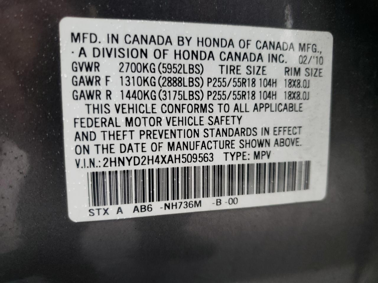 Photo 10 from auction – 2010 ACURA MDX TECHNO with VIN 2HNYD2H4XAH509563