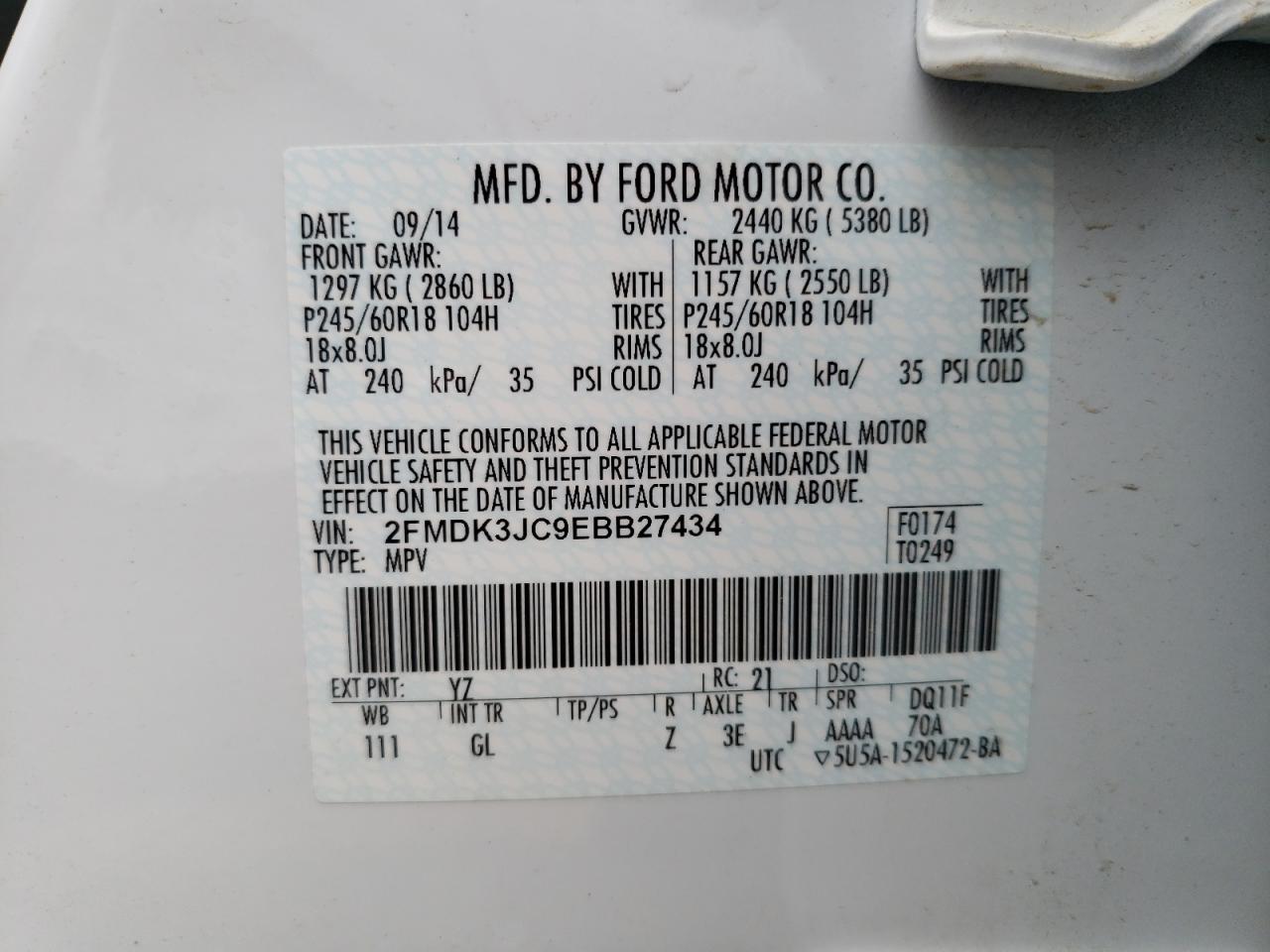 Photo 10 from auction – 2014 FORD EDGE with VIN 2FMDK3JC9EBB27434