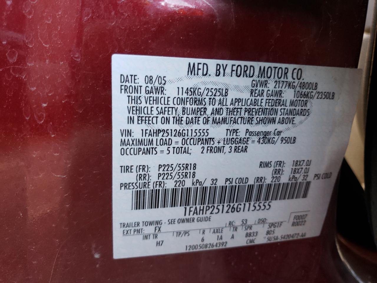 Photo 10 from auction – 2006 FORD FIVE HUNDR with VIN 1FAHP25126G115555