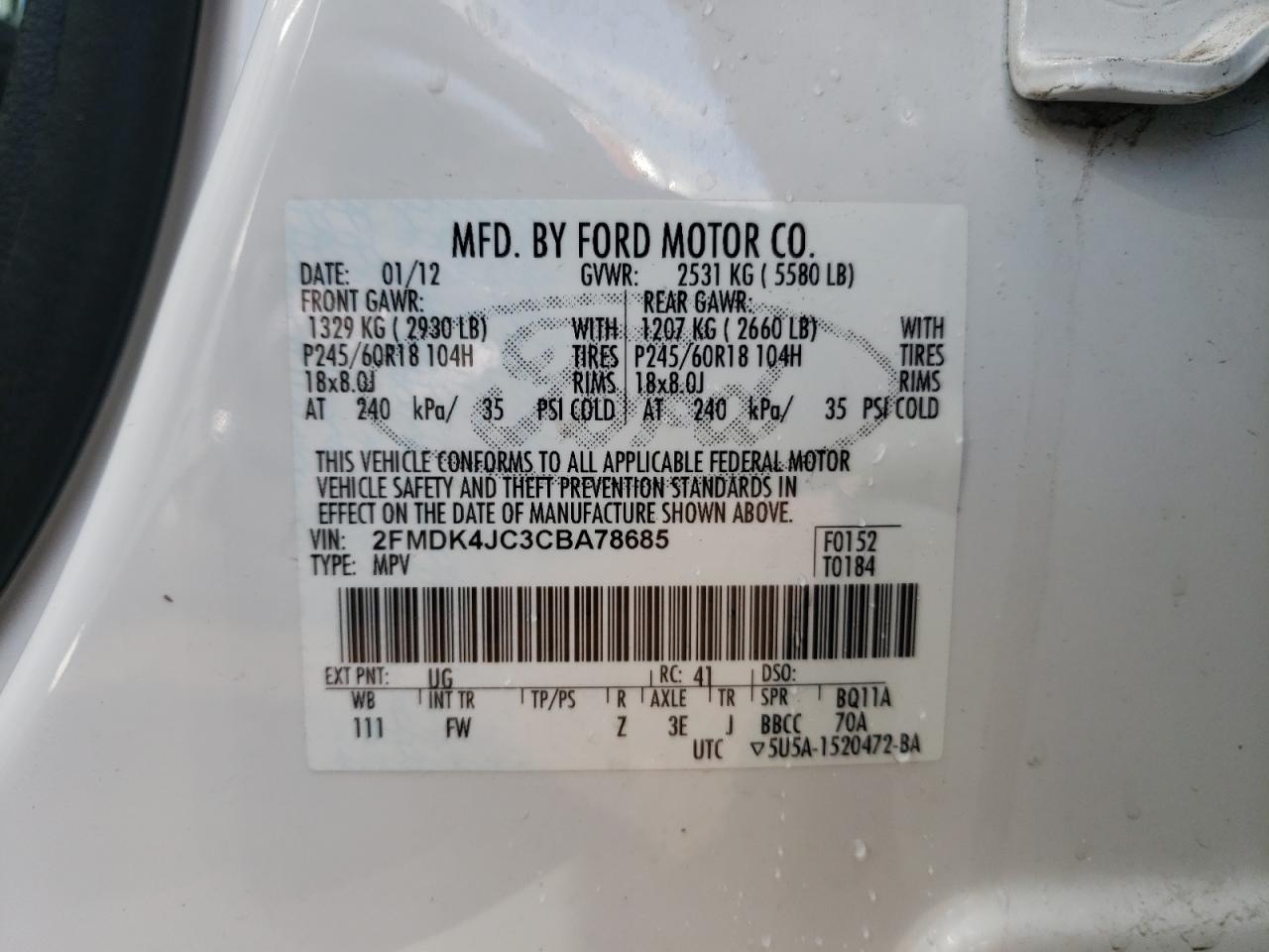 Photo 10 from auction – 2012 FORD EDGE SEL with VIN 2FMDK4JC3CBA78685