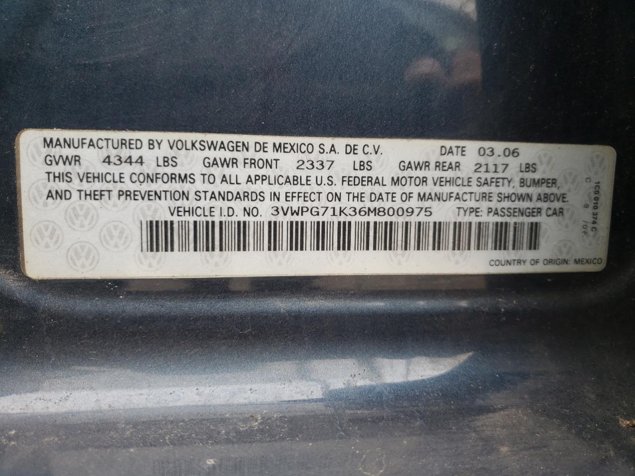 Photo 10 from auction – 2006 VOLKSWAGEN JETTA VALU with VIN 3VWPG71K36M800975