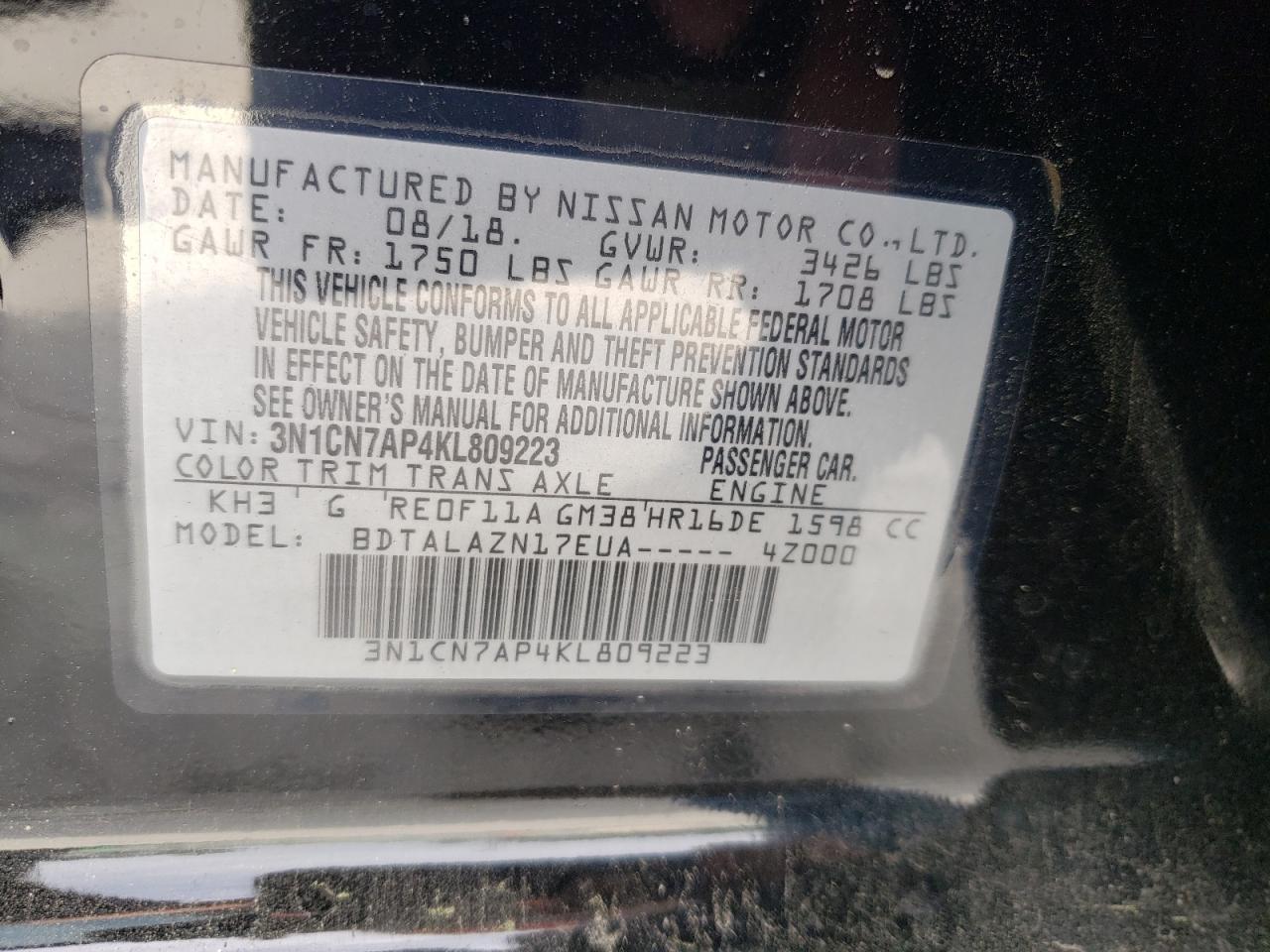 Photo 10 from auction – 2019 NISSAN VERSA S with VIN 3N1CN7AP4KL809223