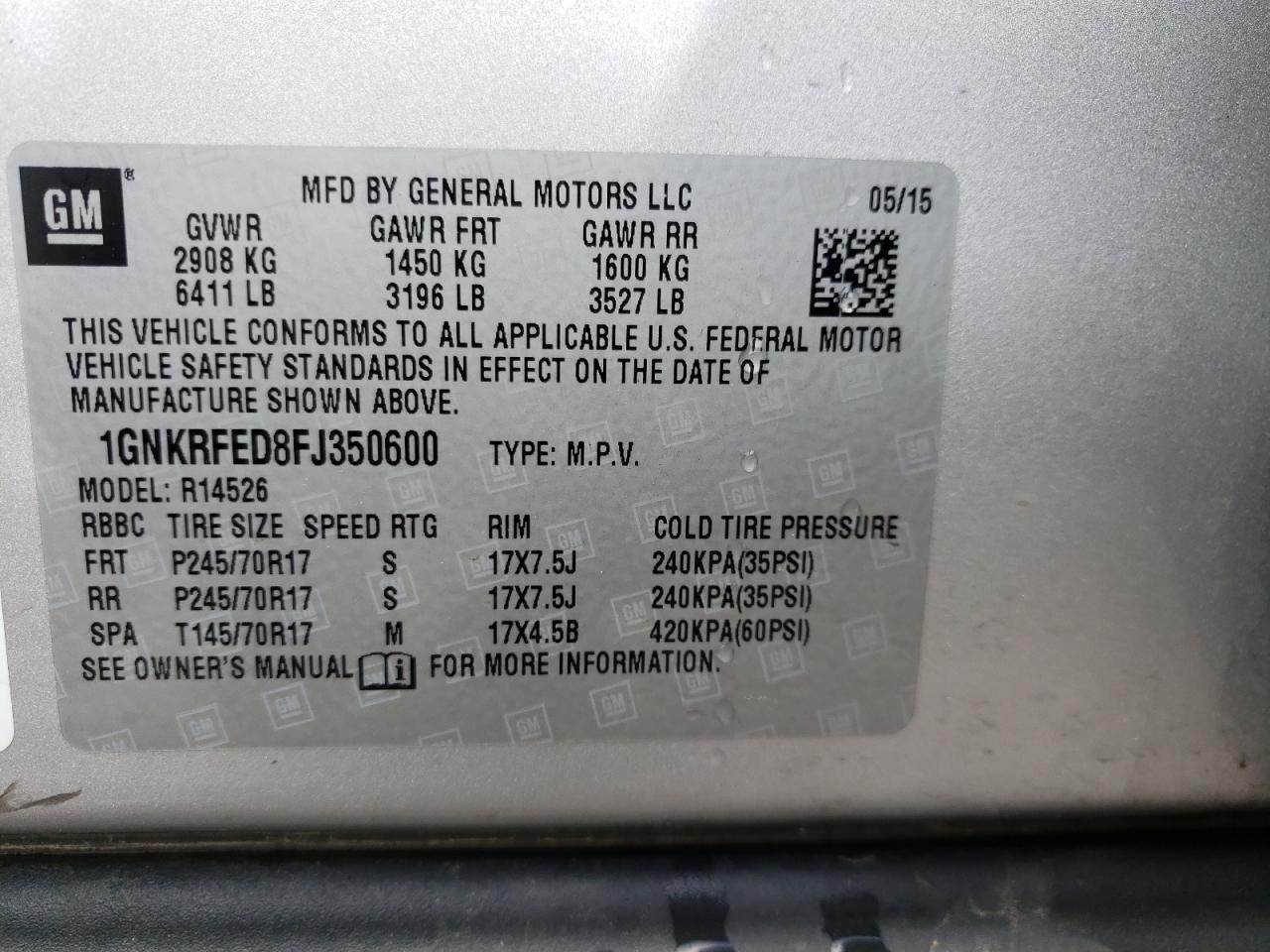 Photo 10 from auction – 2015 CHEVROLET TRAVERSE L with VIN 1GNKRFED8FJ350600