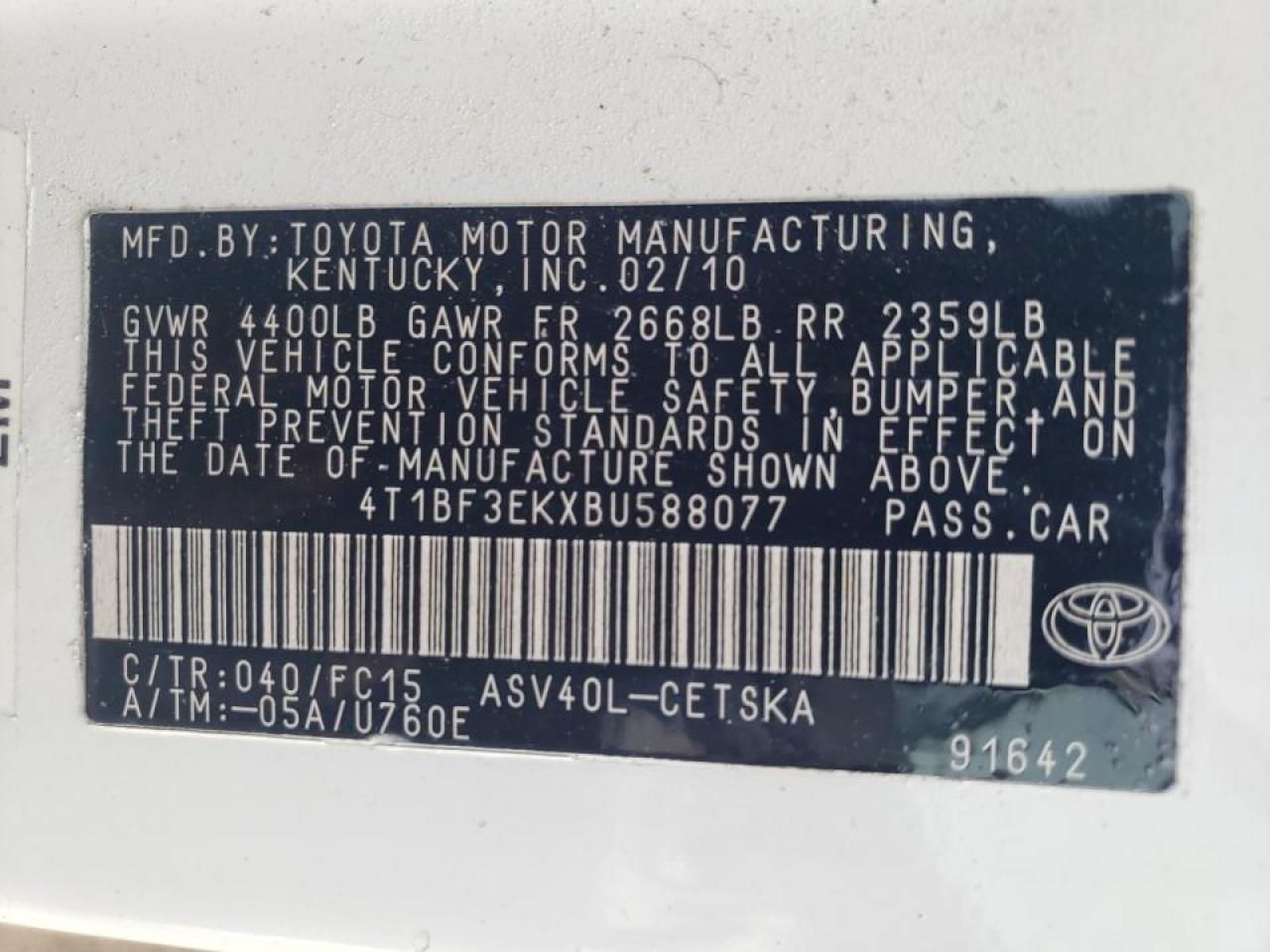 Photo 10 from auction – 2011 TOYOTA CAMRY BASE with VIN 4T1BF3EKXBU588077