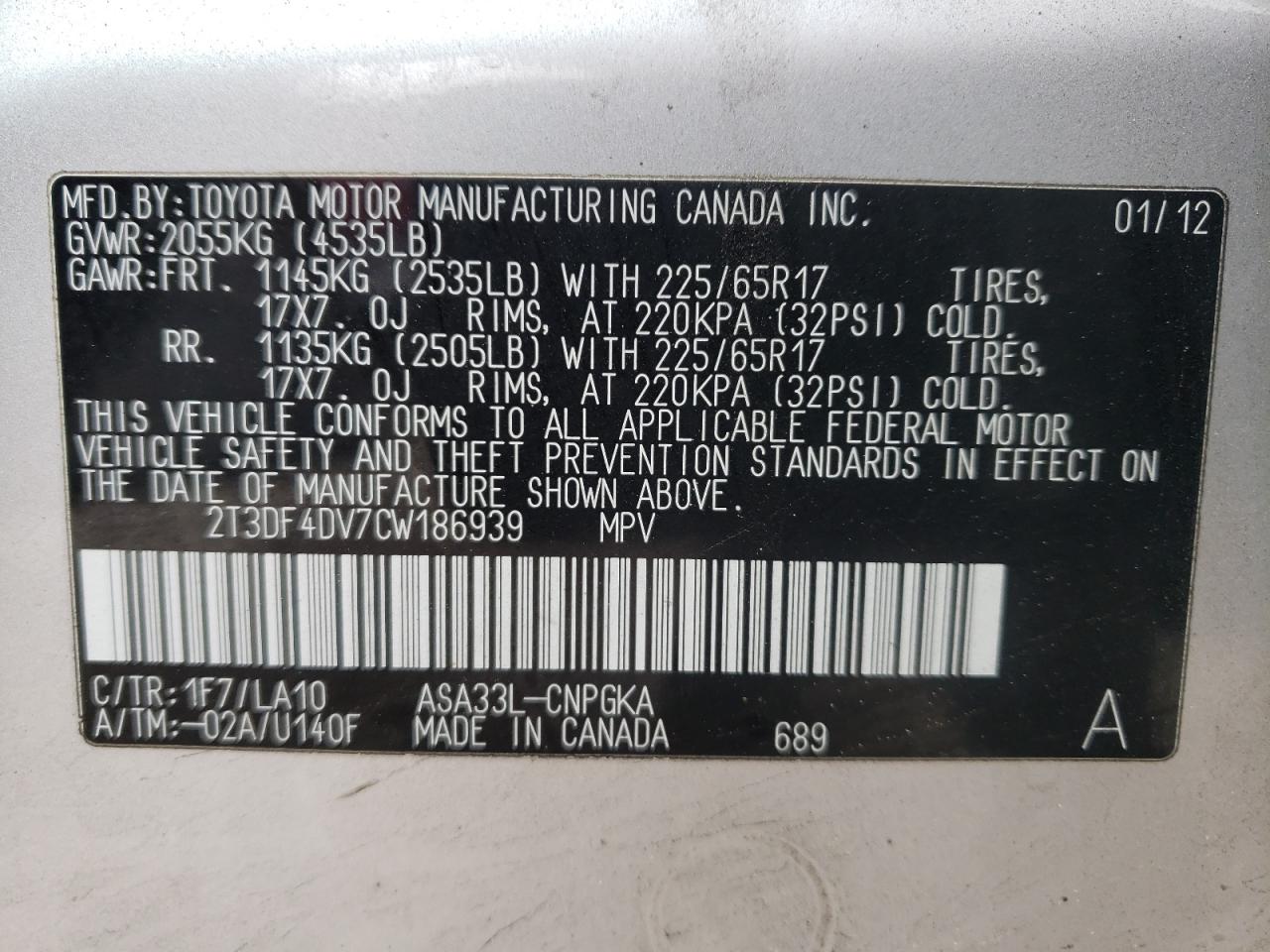 Photo 10 from auction – 2012 TOYOTA RAV4 LIMIT with VIN 2T3DF4DV7CW186939