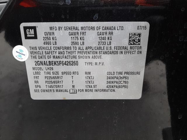 Photo 10 from auction – 2015 CHEVROLET EQUINOX LT with VIN 2GNALBEK5F6426260