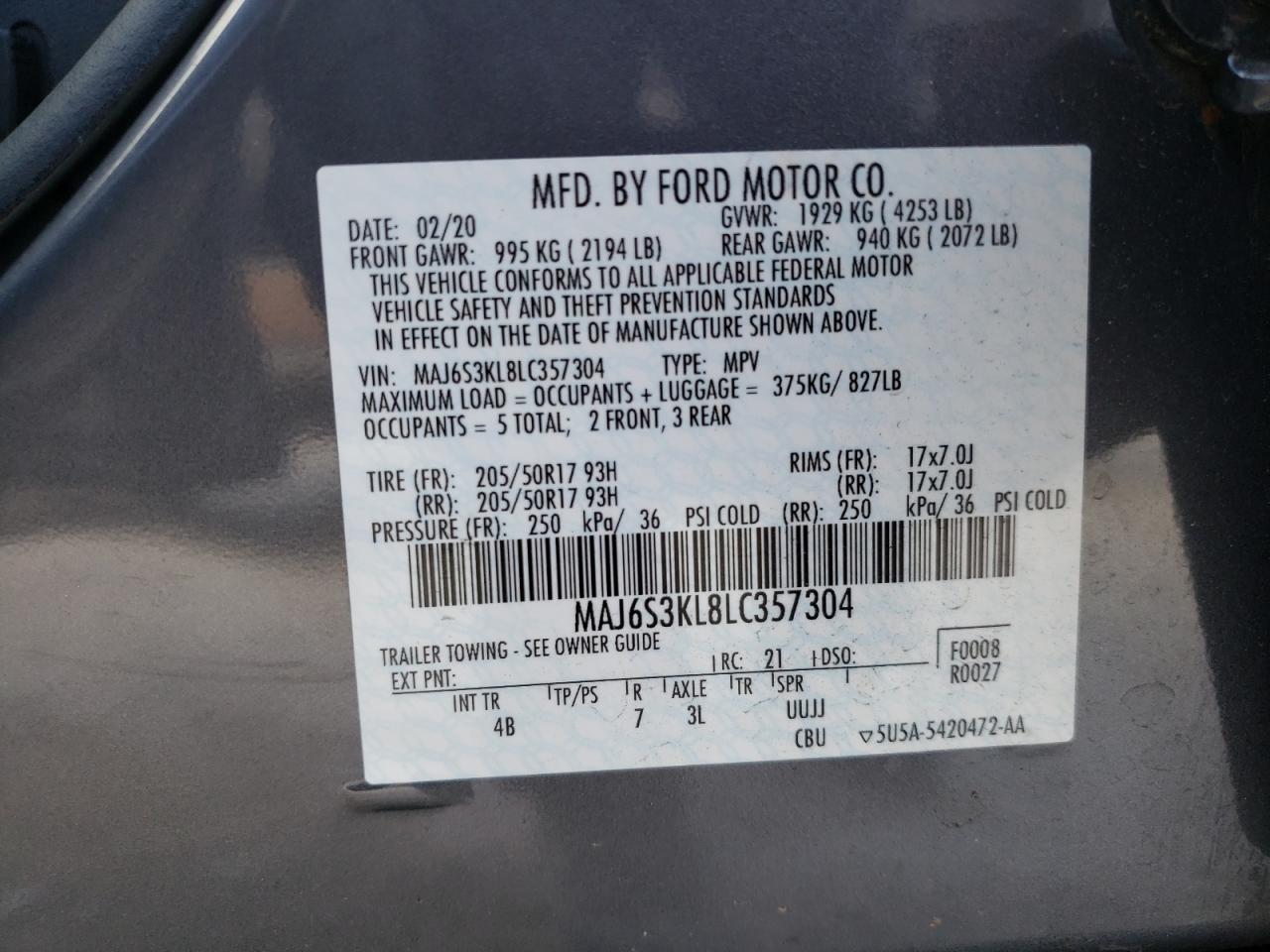 Photo 10 from auction – 2020 FORD ECOSPORT T with VIN MAJ6S3KL8LC357304