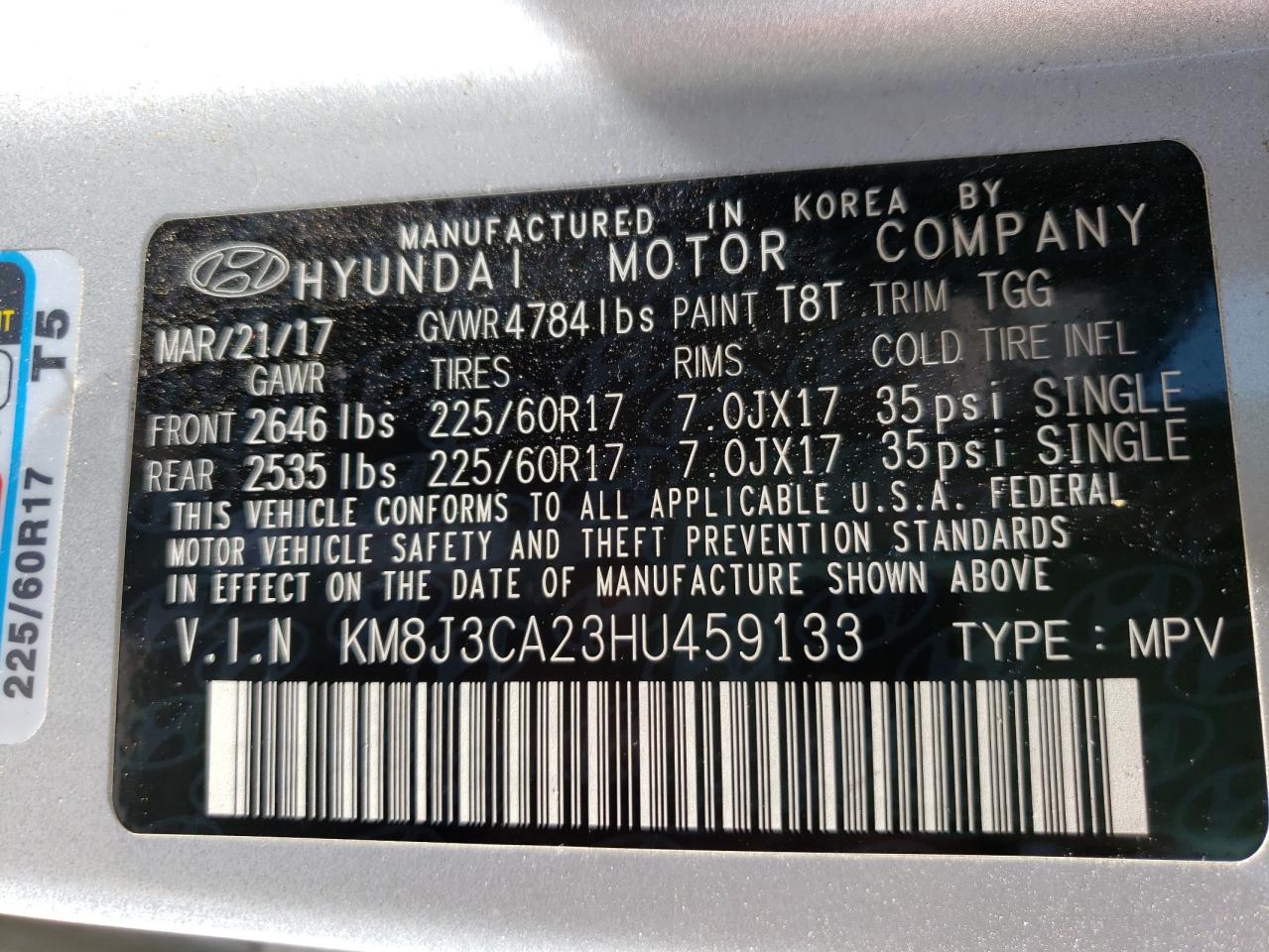 Photo 10 from auction – 2017 HYUNDAI TUCSON LIM with VIN KM8J3CA23HU459133