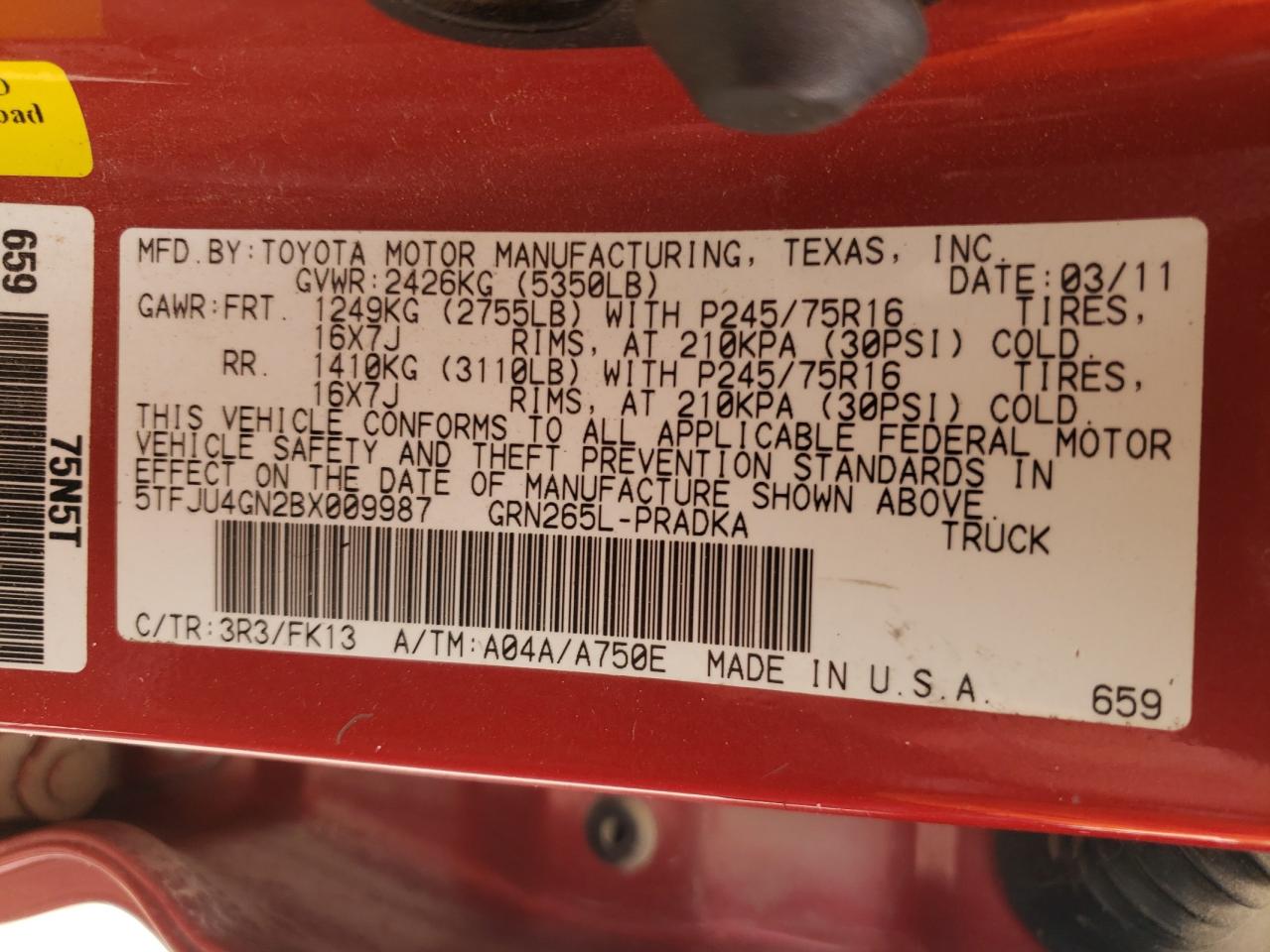 Photo 10 from auction – 2011 TOYOTA TACOMA DOU with VIN 5TFJU4GN2BX009987