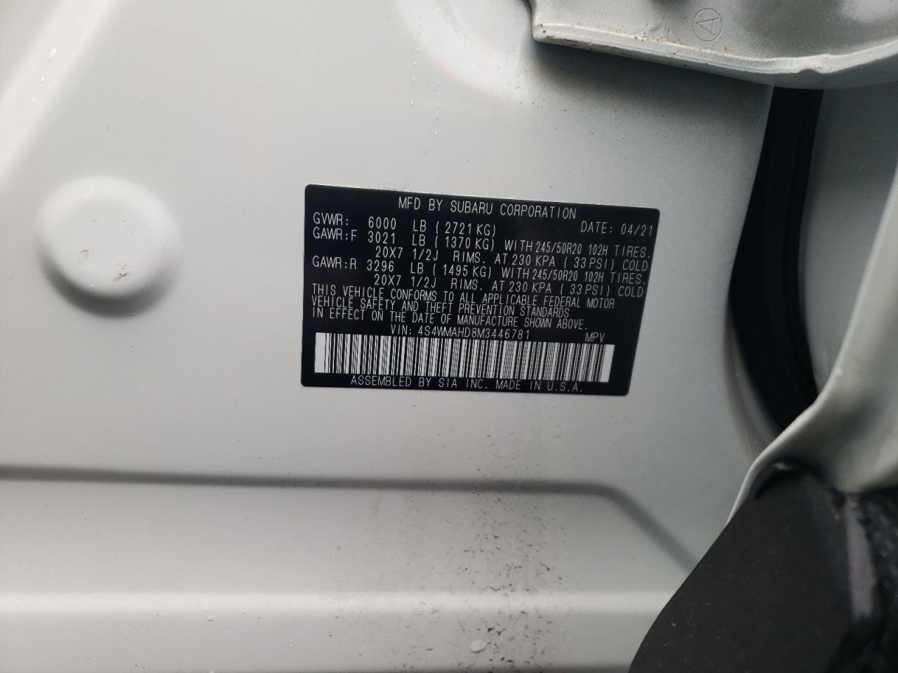 Photo 10 from auction – 2021 SUBARU ASCENT PRE with VIN 4S4WMAHD8M3446781