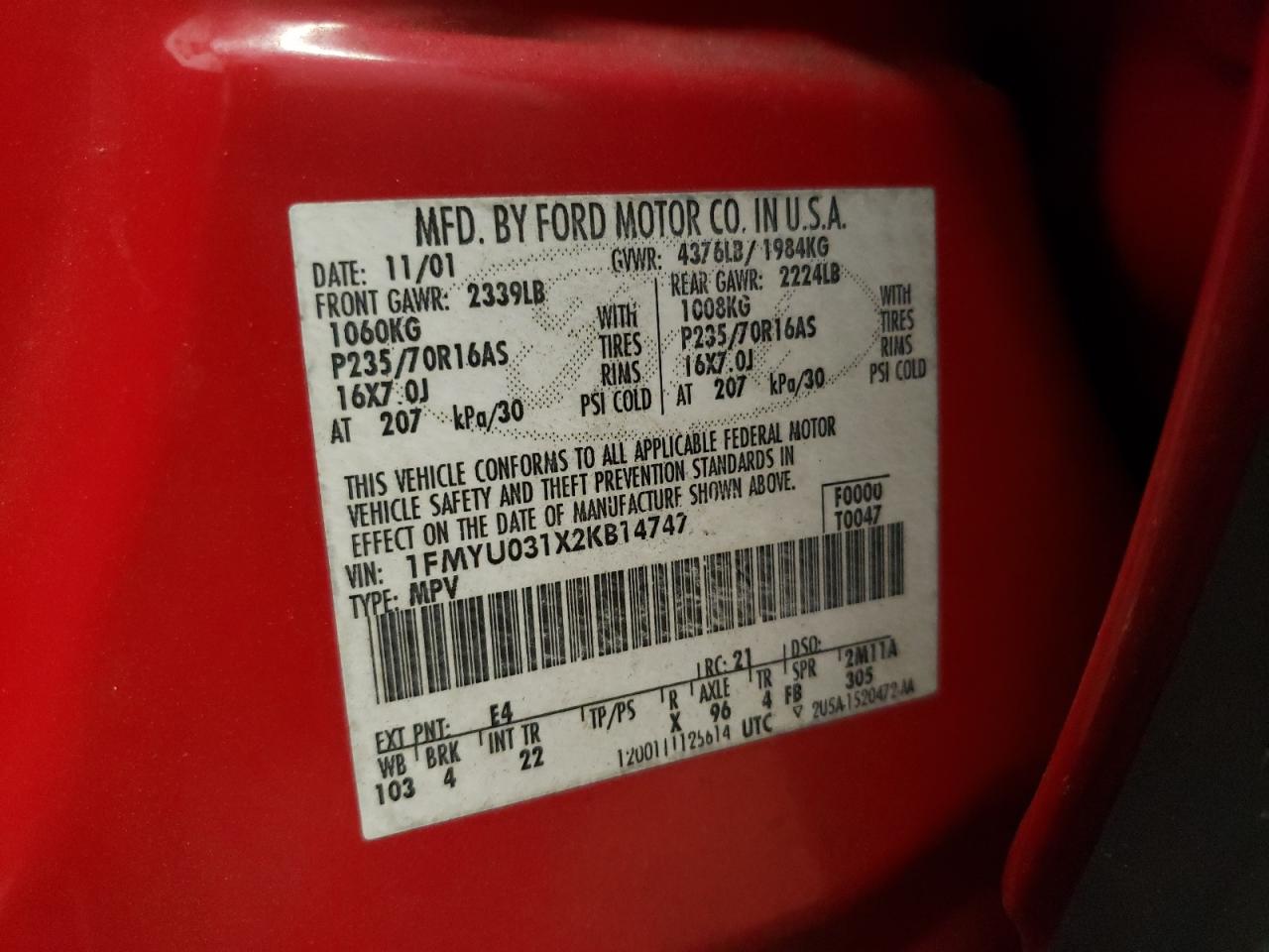 Photo 10 from auction – 2002 FORD ESCAPE XLT with VIN 1FMYU031X2KB14747