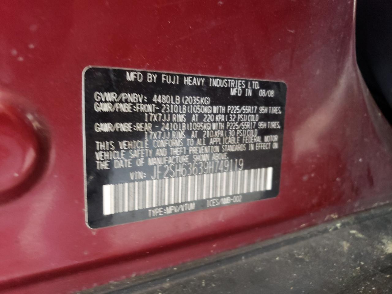 Photo 10 from auction – 2009 SUBARU FORESTER 2 with VIN JF2SH63639H749119