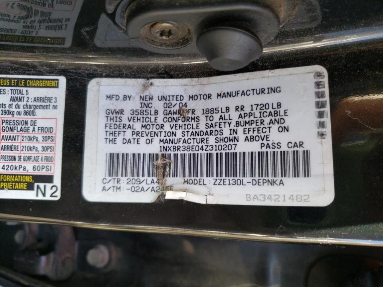 Photo 10 from auction – 2004 TOYOTA COROLLA CE with VIN 1NXBR38E04Z310207