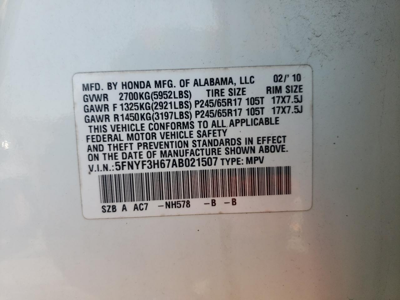 Photo 10 from auction – 2010 HONDA PILOT EXL with VIN 5FNYF3H67AB021507
