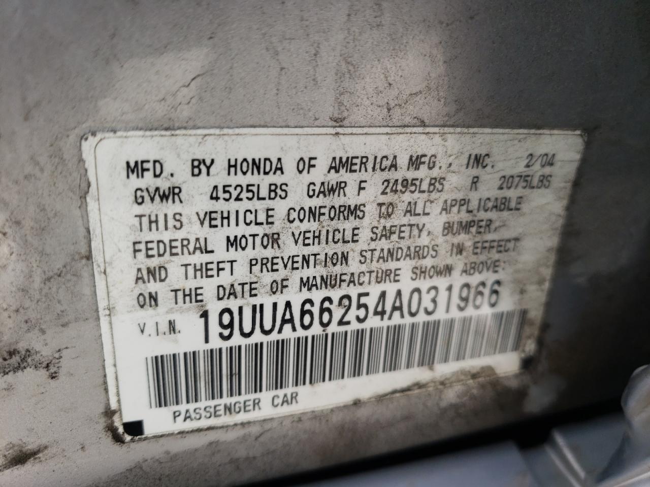 Photo 10 from auction – 2004 ACURA TL with VIN 19UUA66254A031966