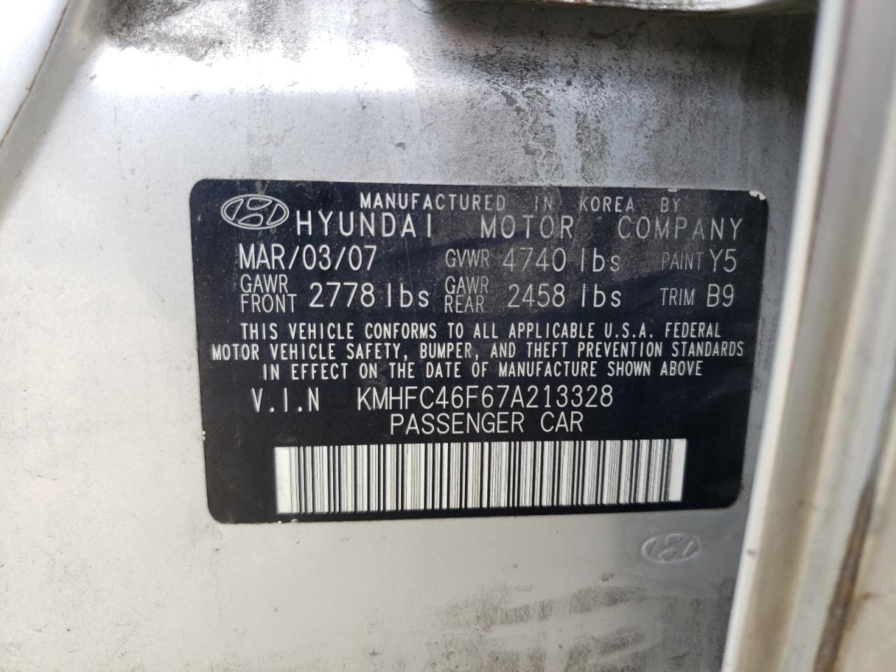 Photo 10 from auction – 2007 HYUNDAI AZERA SE with VIN KMHFC46F67A213328