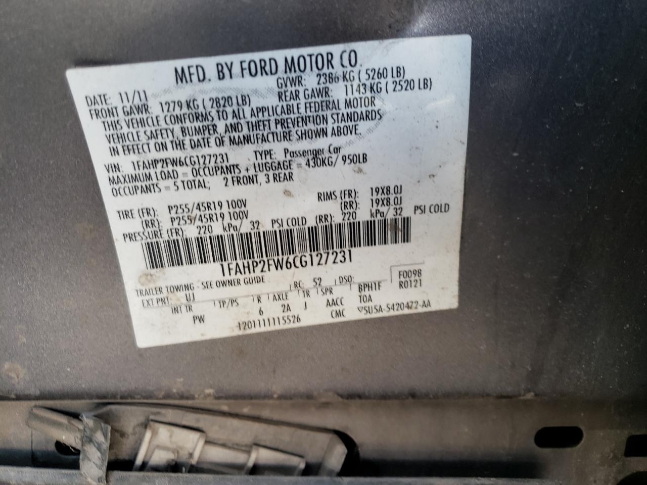 Photo 10 from auction – 2012 FORD TAURUS LIM with VIN 1FAHP2FW6CG127231