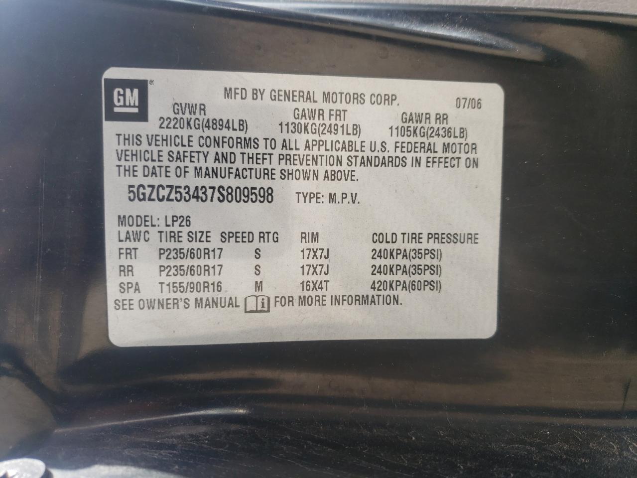 Photo 10 from auction – 2007 SATURN VUE with VIN 5GZCZ53437S809598