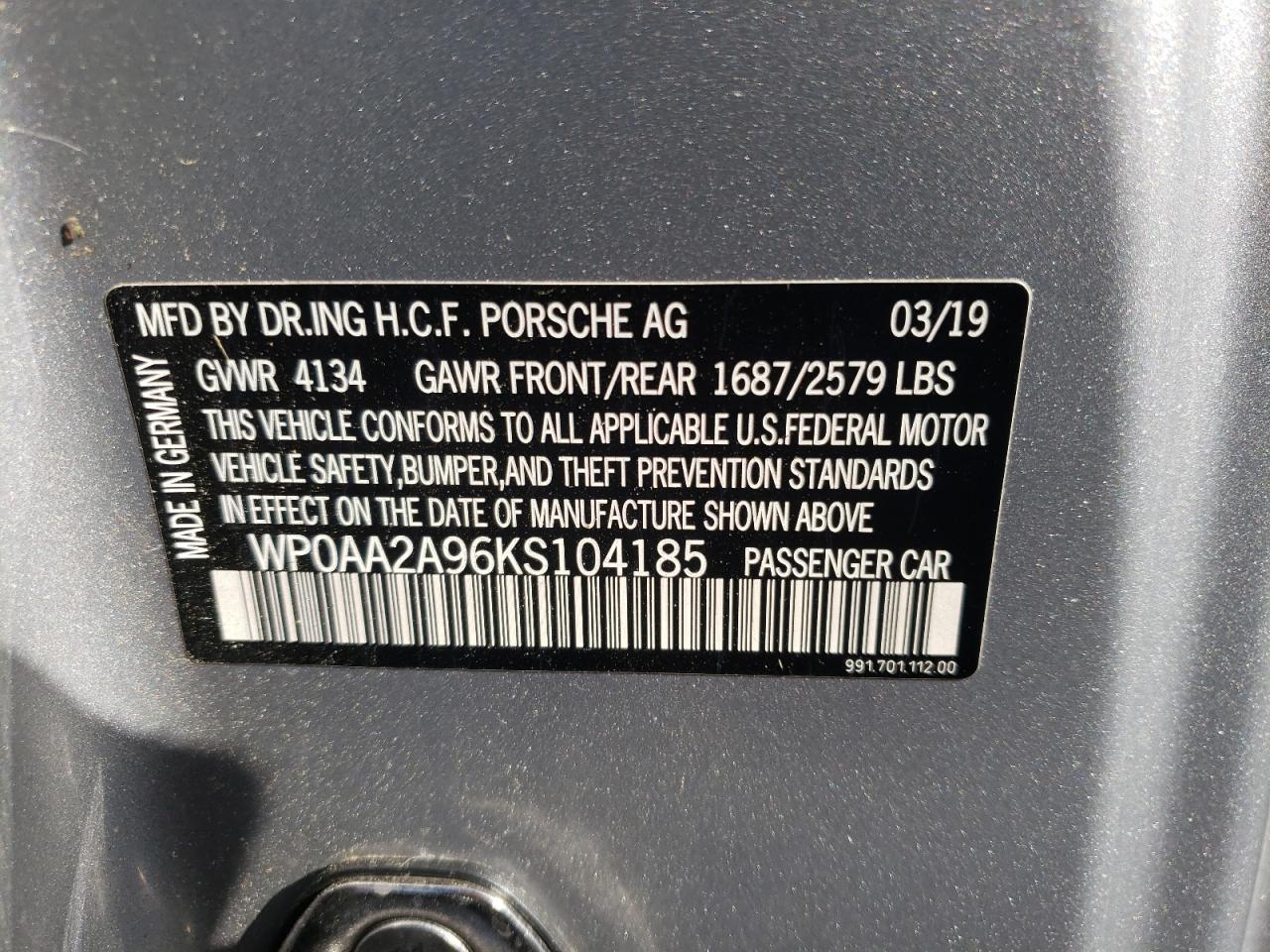 Photo 10 from auction – 2019 PORSCHE 911 CARRER with VIN WP0AA2A96KS104185