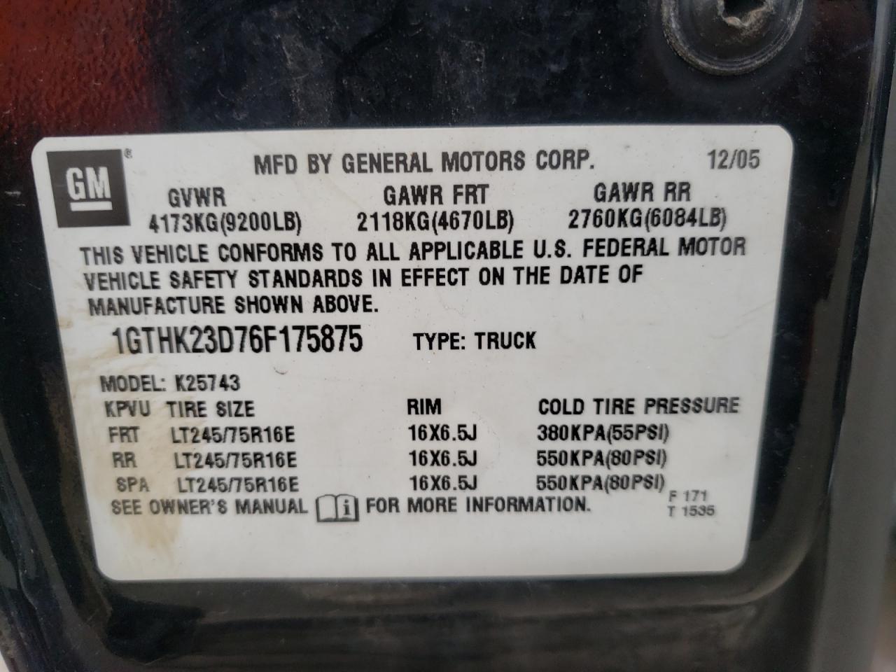 Photo 10 from auction – 2006 GMC SIERRA K25 with VIN 1GTHK23D76F175875
