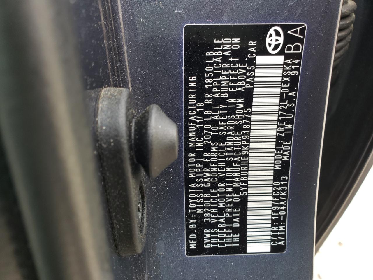 Photo 10 from auction – 2019 TOYOTA COROLLA L with VIN 5YFBURHE9KP918775