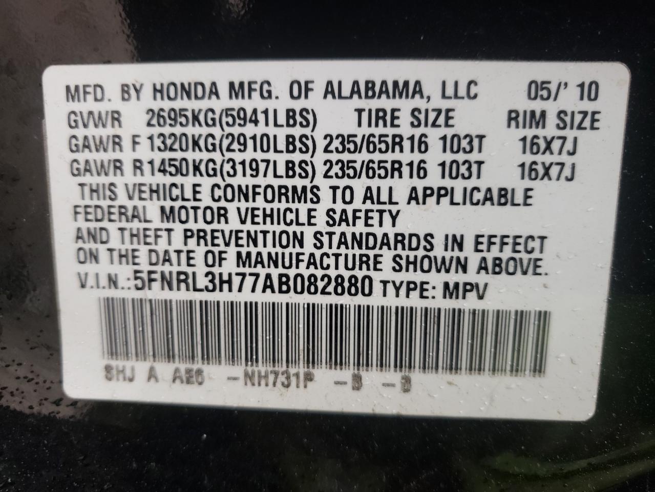 Photo 10 from auction – 2010 HONDA ODYSSEY with VIN 5FNRL3H77AB082880