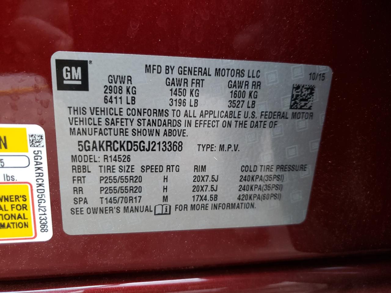 Photo 10 from auction – 2016 BUICK ENCLAVE with VIN 5GAKRCKD5GJ213368