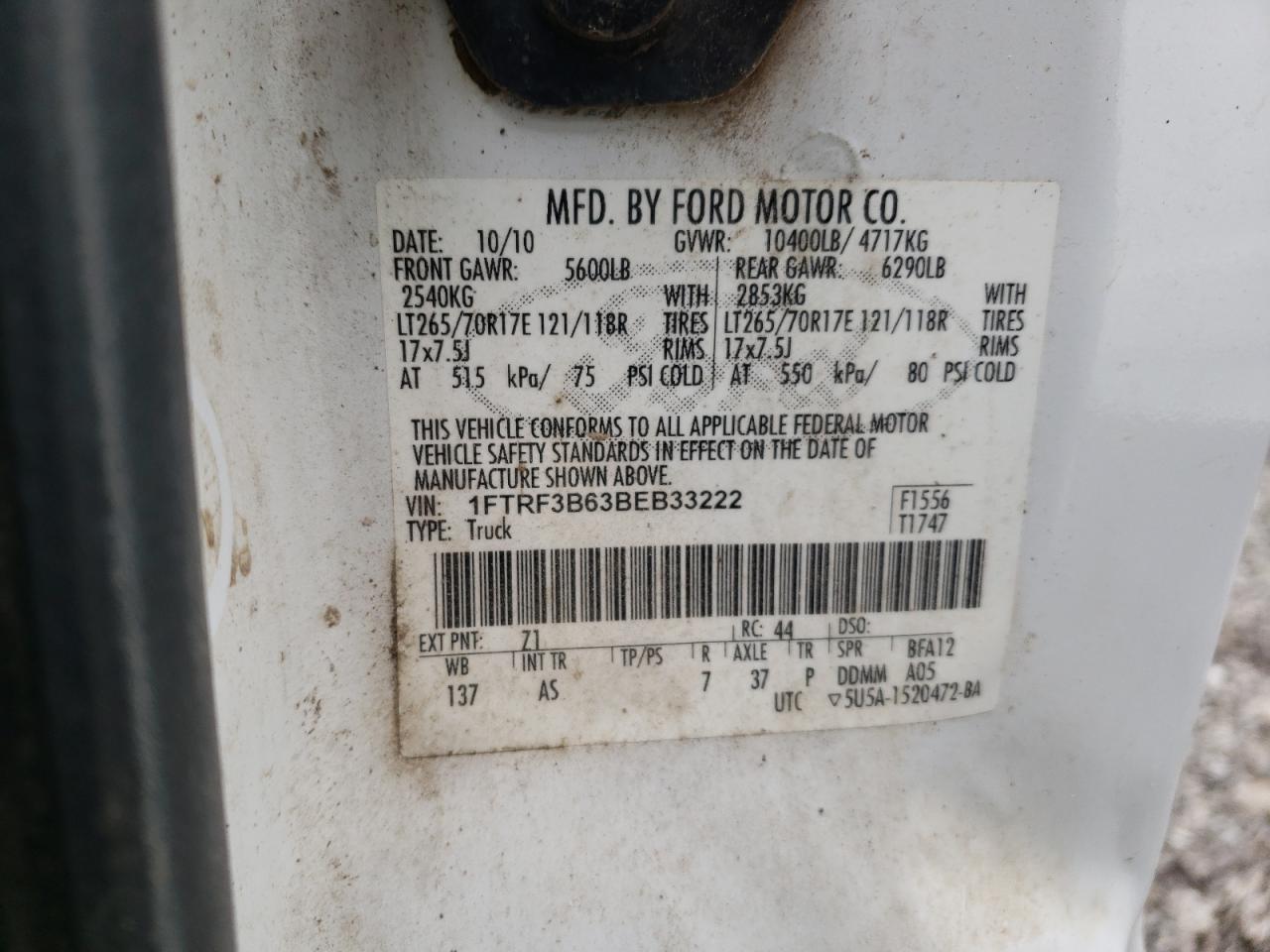 Photo 10 from auction – 2011 FORD F350 SUPER with VIN 1FTRF3B63BEB33222