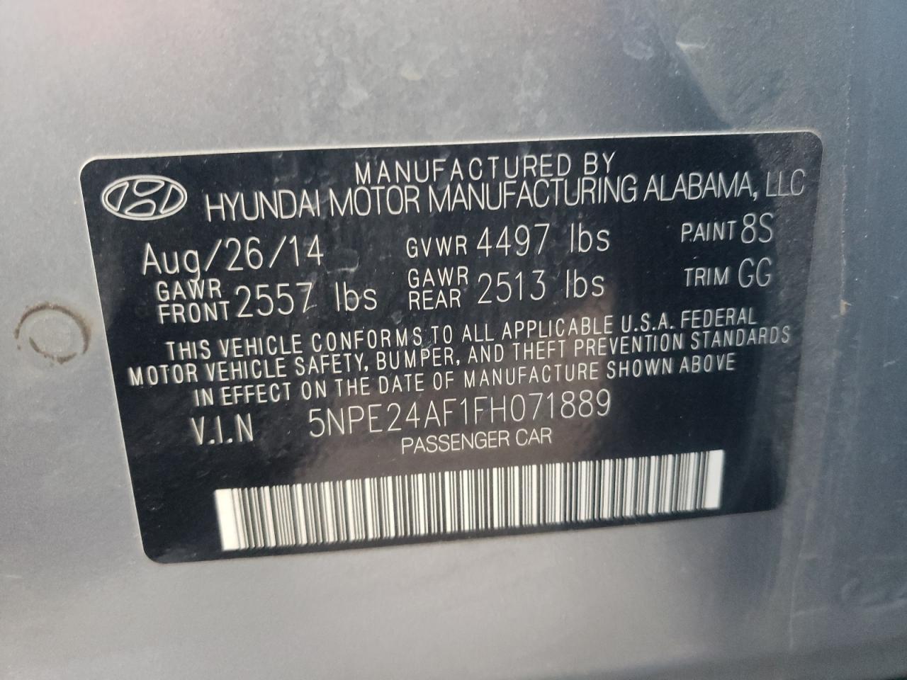 Photo 10 from auction – 2015 HYUNDAI SONATA SE with VIN 5NPE24AF1FH071889