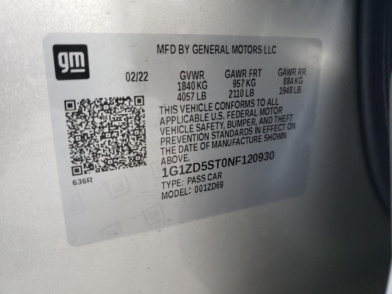 Photo 10 from auction – 2022 CHEVROLET MALIBU LT with VIN 1G1ZD5ST0NF120930